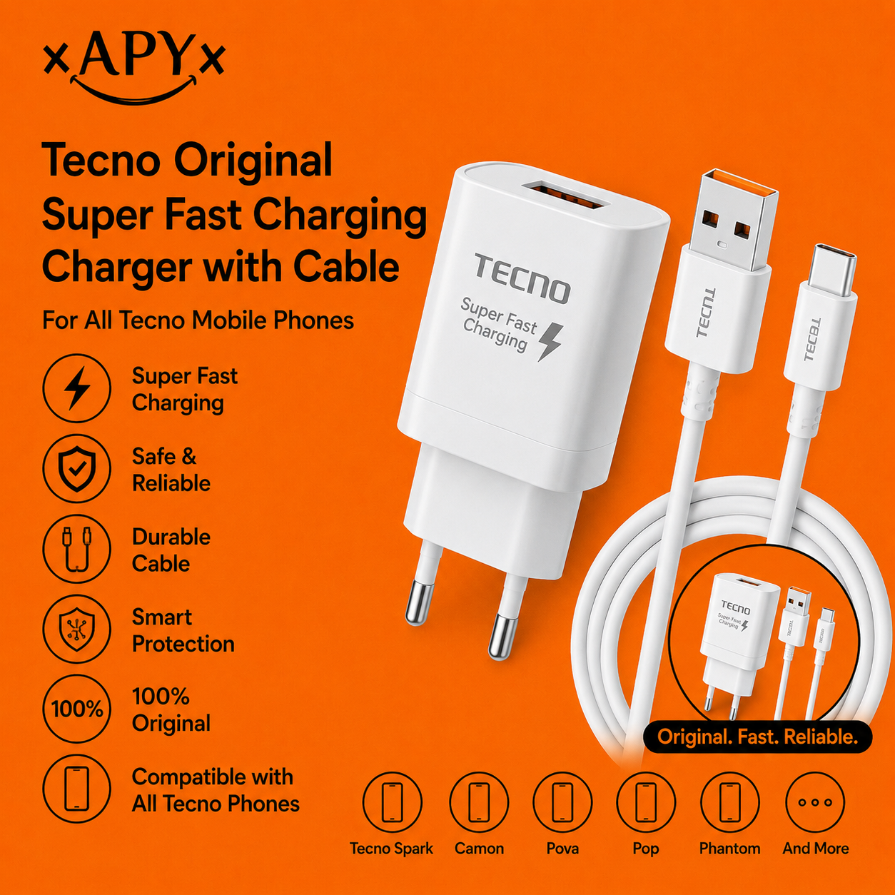 Tecno Original Super Fast Charging Charger with Cable for All Tecno Mobile Phones