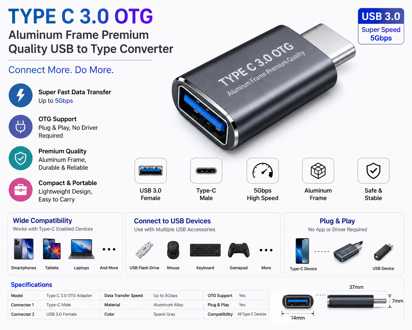  TYPE C 3.0 OTG Aluminum Frame Premium Quality USB to Tyoe Converter