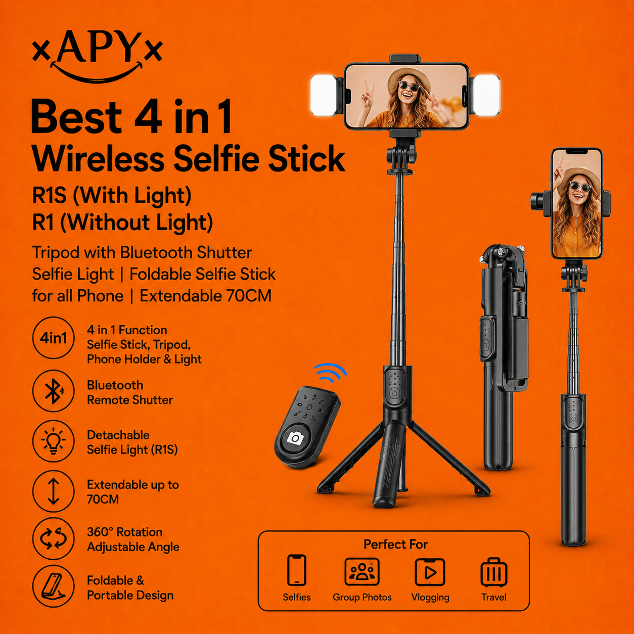 Best 4 in 1 Wireless Selfie Stick R1S (With Light ) R1 (Without Light) Tripod with Bluetooth Shutter selfie Light foldable Selfie stick for all Phone Extendable 70CM