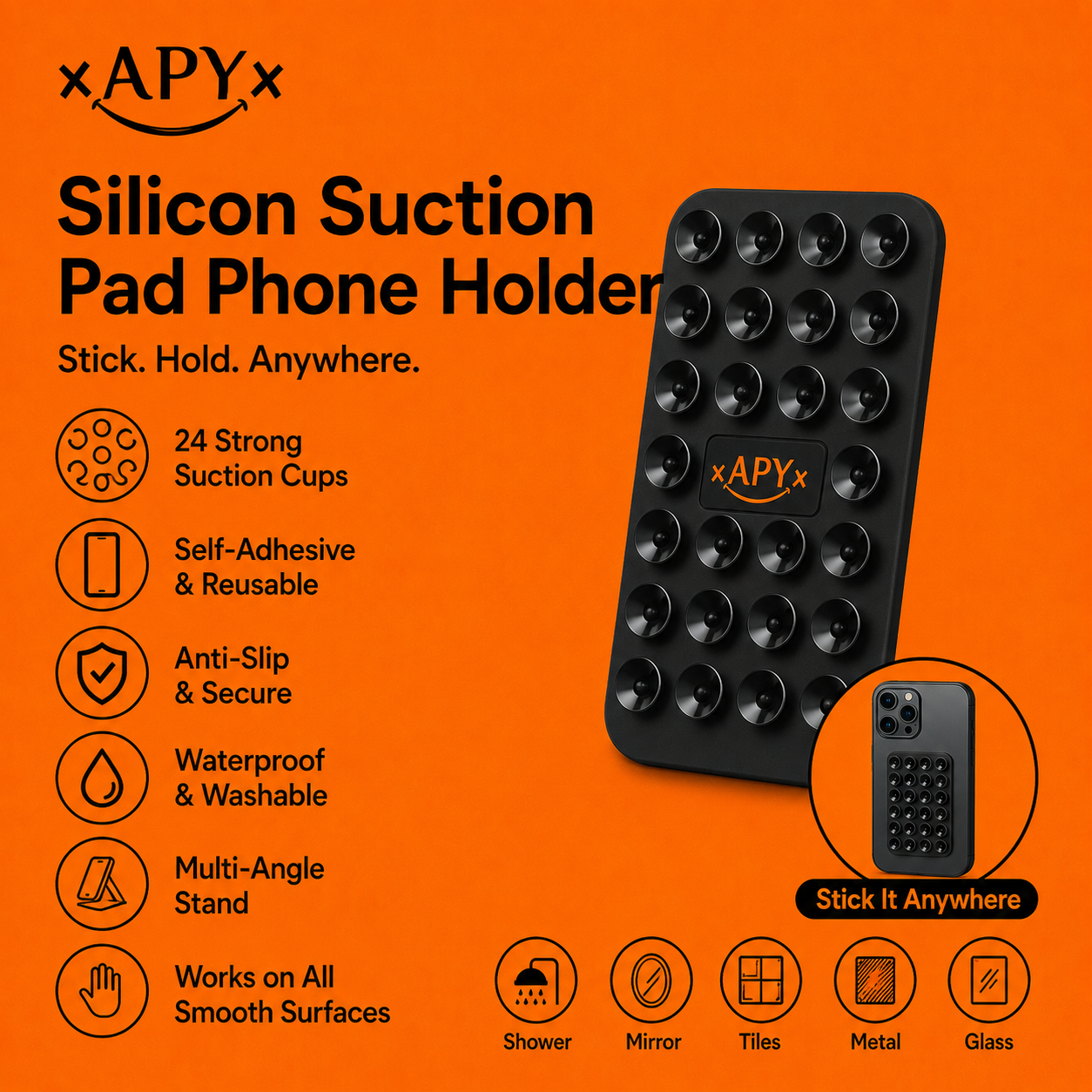 Silicon Suction Pad Phone Holder | Self-Adhesive Rubber Suction Mobile Holder | Silicone Suction Phone Case | Sticky Phone Grip Mount with 24 Suction Cups | Anti-Slip Suction Phone Case Mount for Shower, Mirror | Silicone Mobile Stand for All Phones