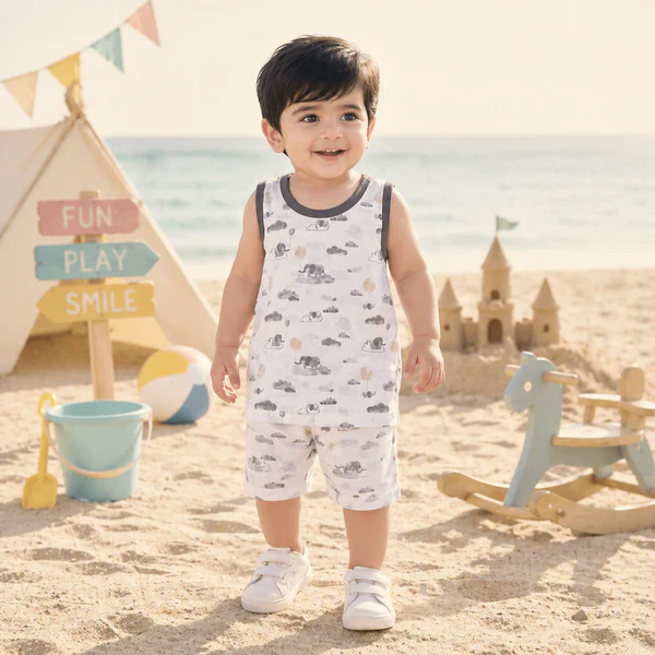   Kids Sando & Short Set Elephants White - Oolaa