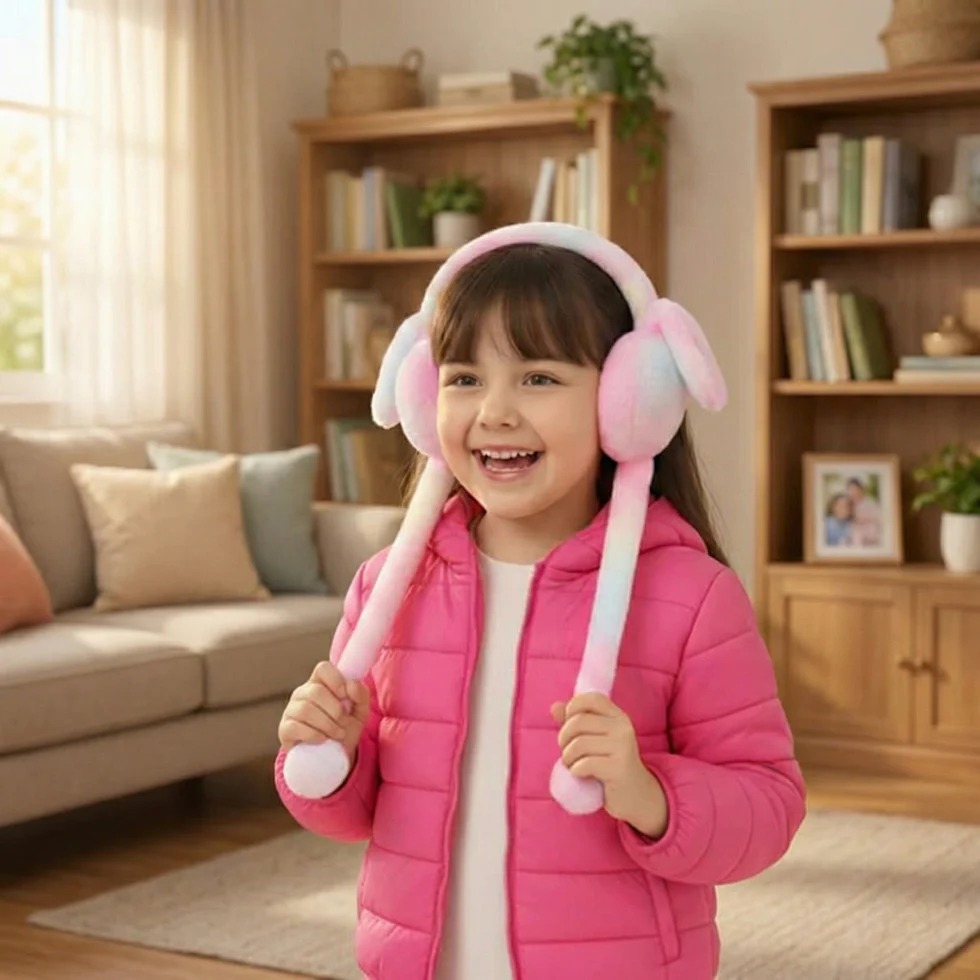 Bunny Earmuffs With Moving Ears - Soft Rabbit Warm Earmuffs For Kids (Pink)