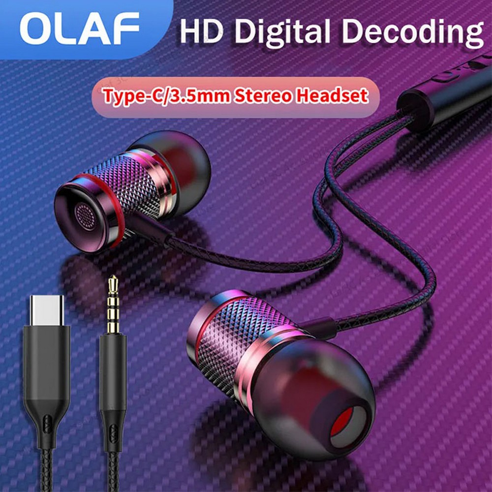 Type C Wired Earphones Headphones In-Ear Stereo Bass Sound with Microphone Universal Compatibility